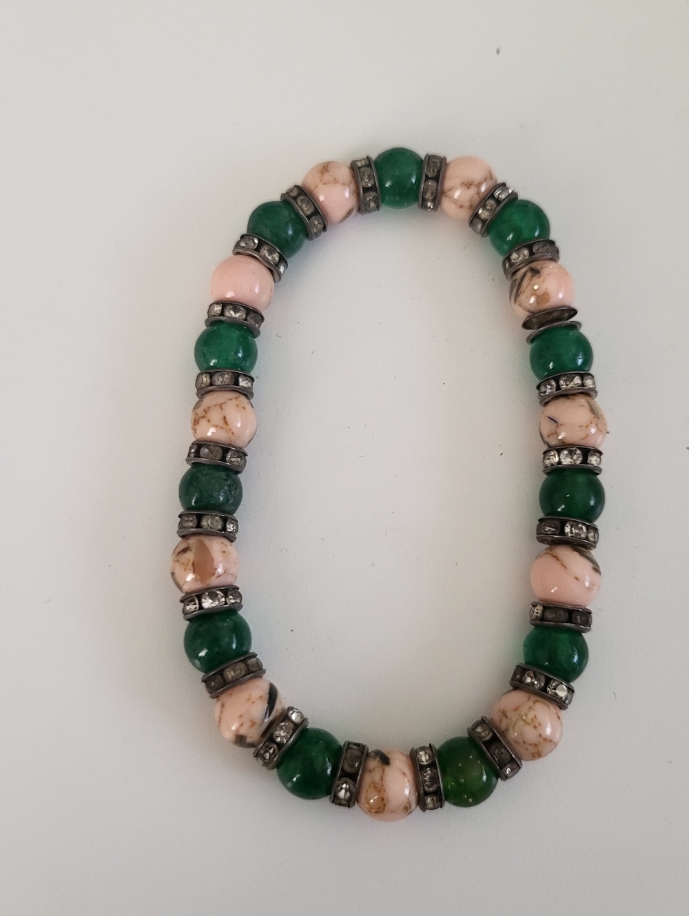 Pink and Green Beaded Stretch Bracelet with Rhinestone Spacers